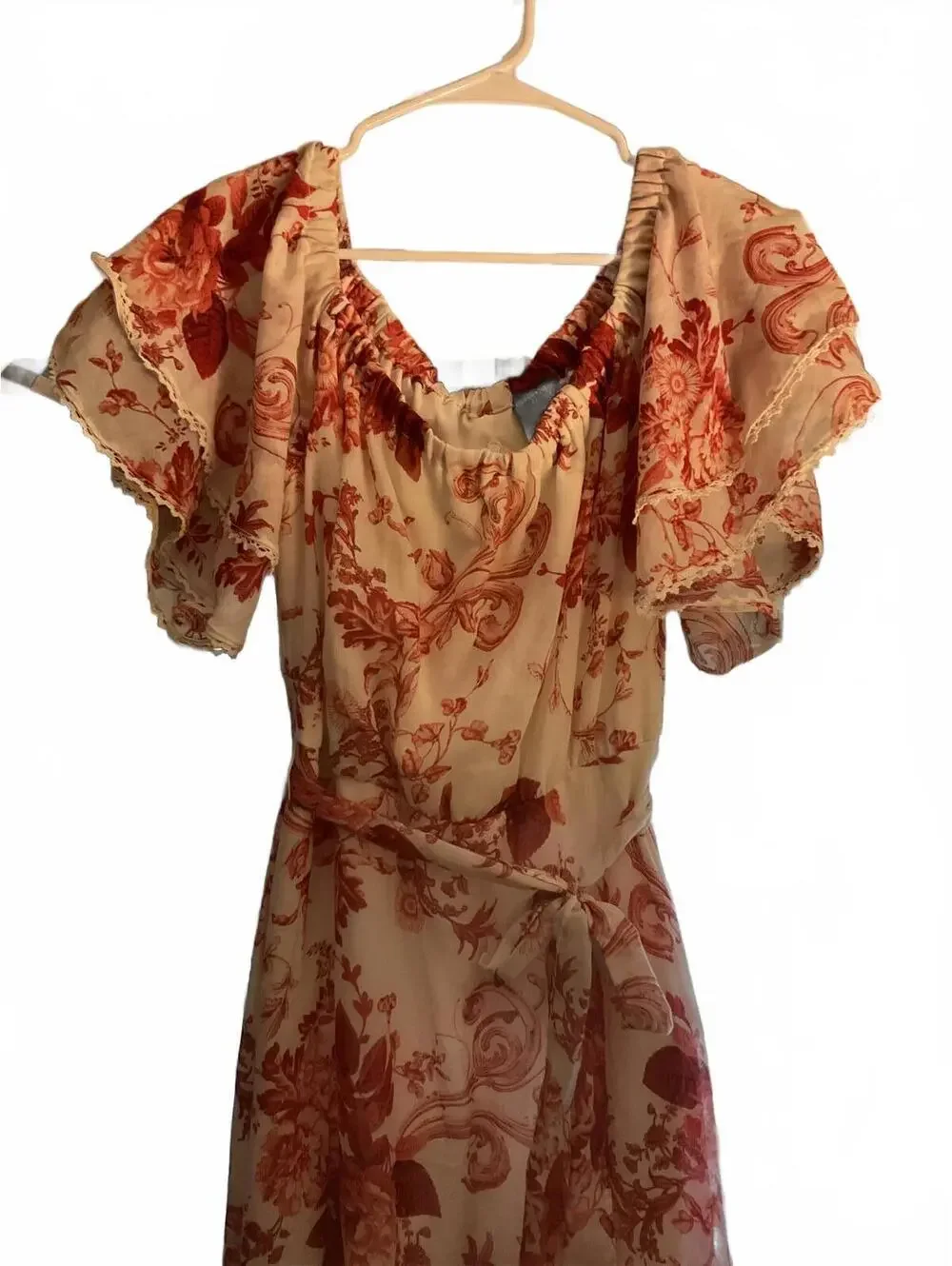 Gabby Skye White and Pink Floral Midi Dress with Ruffled Hem Size 10 - Picture 3 of 12